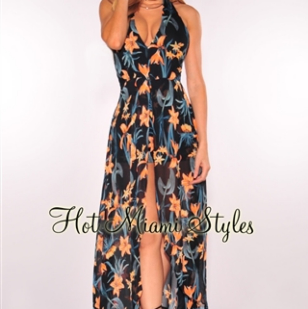Navy Blue Coral Floral Print Dress - Picture 2 of 4